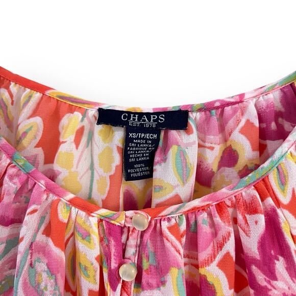 Ralph Lauren CHAPS Womens Blouse Top XS Sheer Chiffon Orange Pink Floral Popover - Picture 2 of 8